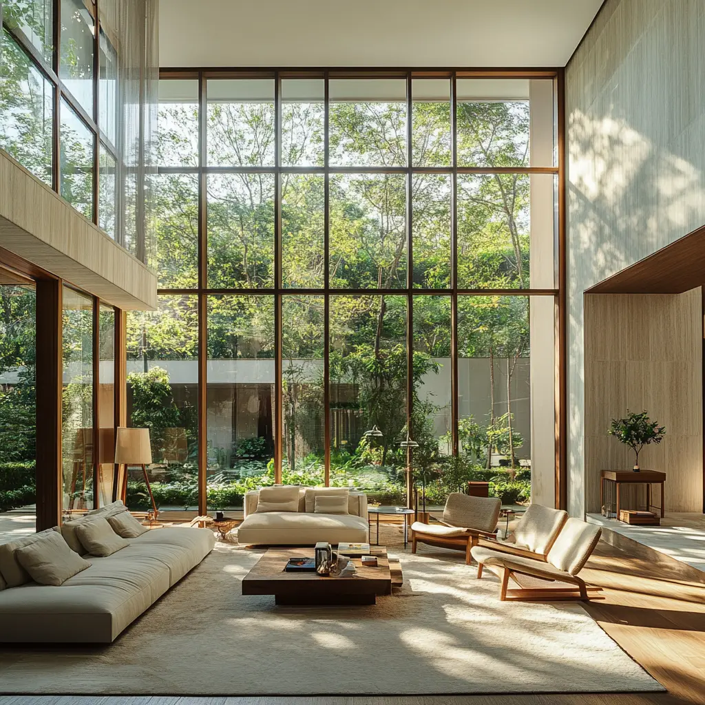 Cozy and Open-Plan Living Room with Stunning Garden Views Modern living room with floor-to-ceiling windows overlooking a garden in Costa Mesa