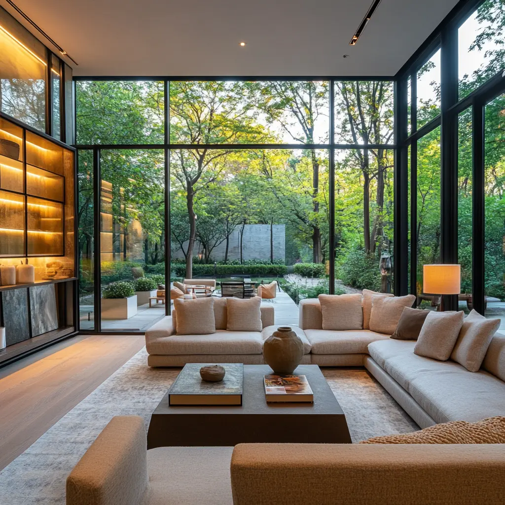 Cozy Open-Plan Living Room with Stunning Backyard Views Cozy living room with floor-to-ceiling windows and backyard view