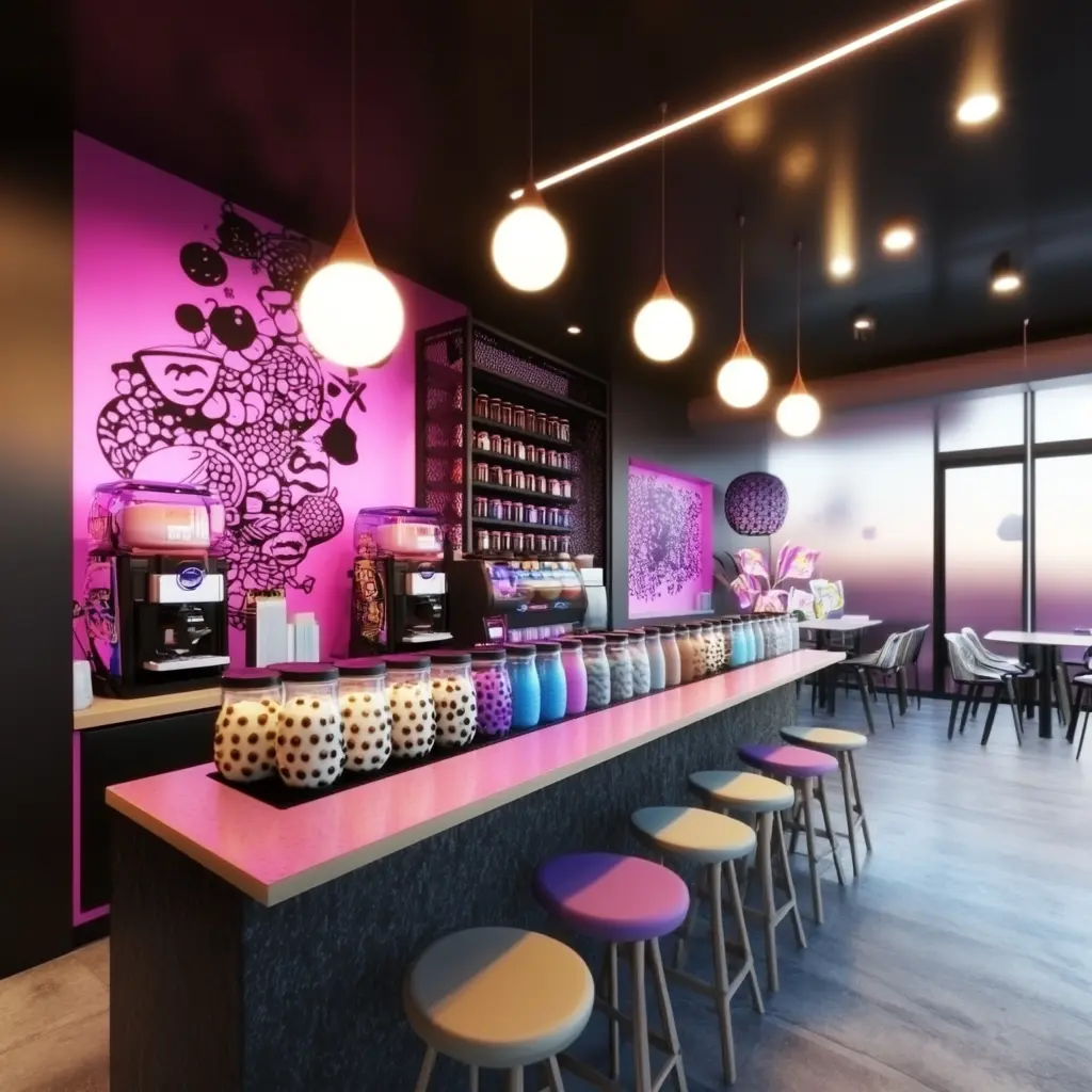 Custom Boba Tea Shop Interior: Designed for Your Pleasure Boba tea shop with a large mural, cozy seating, and colorful drinks