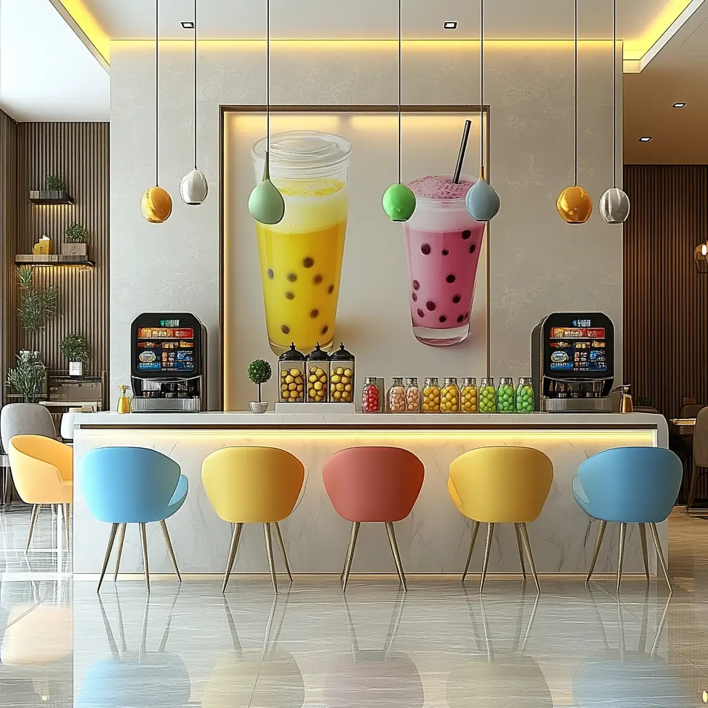 Custom Boba Tea Shop Interior: Designed for the Perfect Experience Colorful boba tea shop interior with cozy seating areas and a large mural.