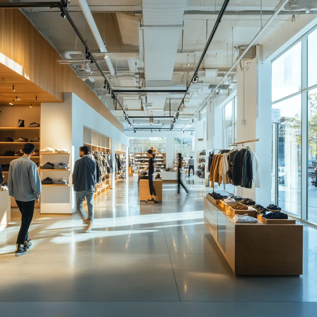Modern Retail Design: Sleek Spaces for a Seamless Shopping Experience A modern retail store with minimalist decor and optimized customer flow.