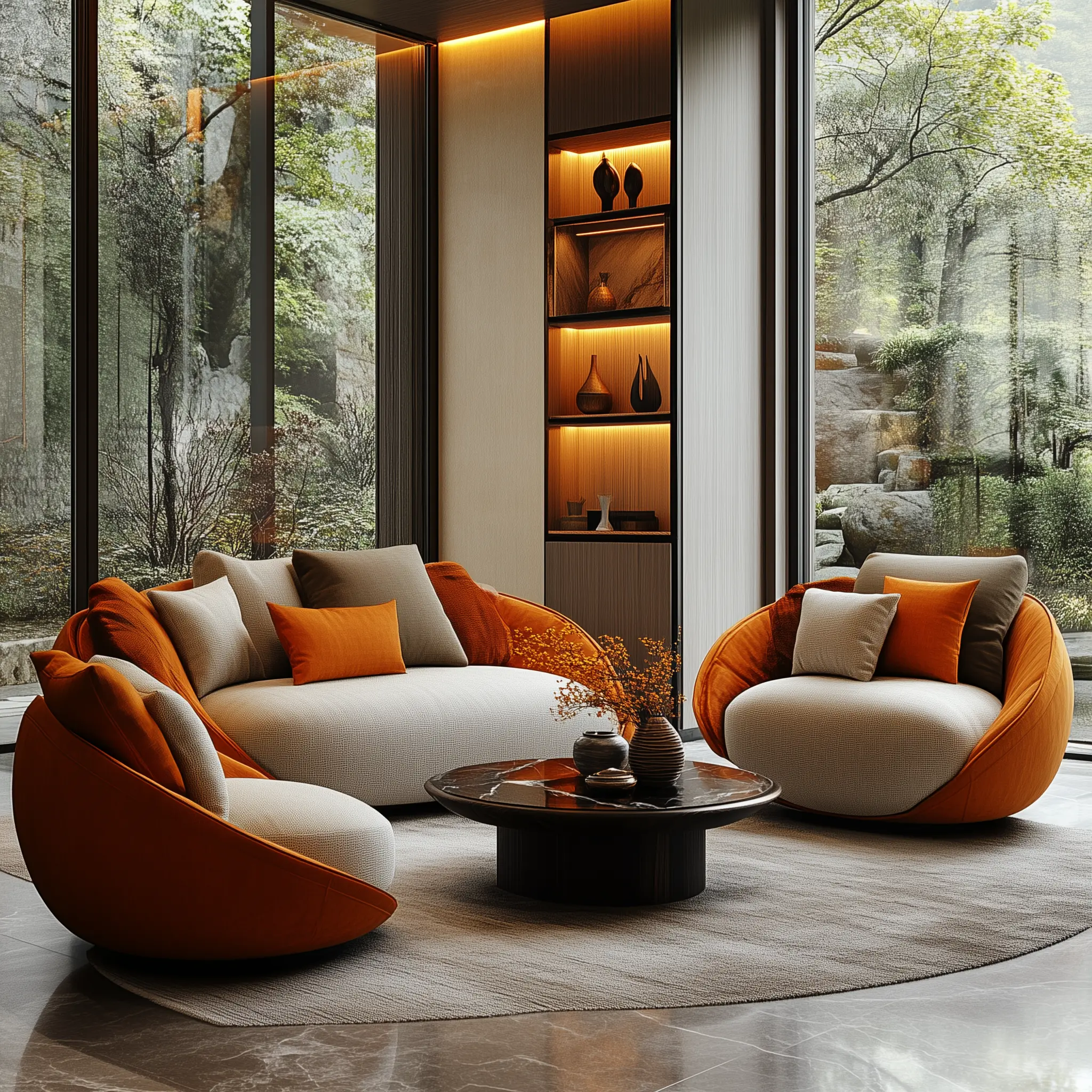 Design Your Dream Living Room: Custom Sofa, Armchairs, and Coffee Table A 3D rendering of a modern living room with a custom-designed sofa, two artistic armchairs, and a coffee table.