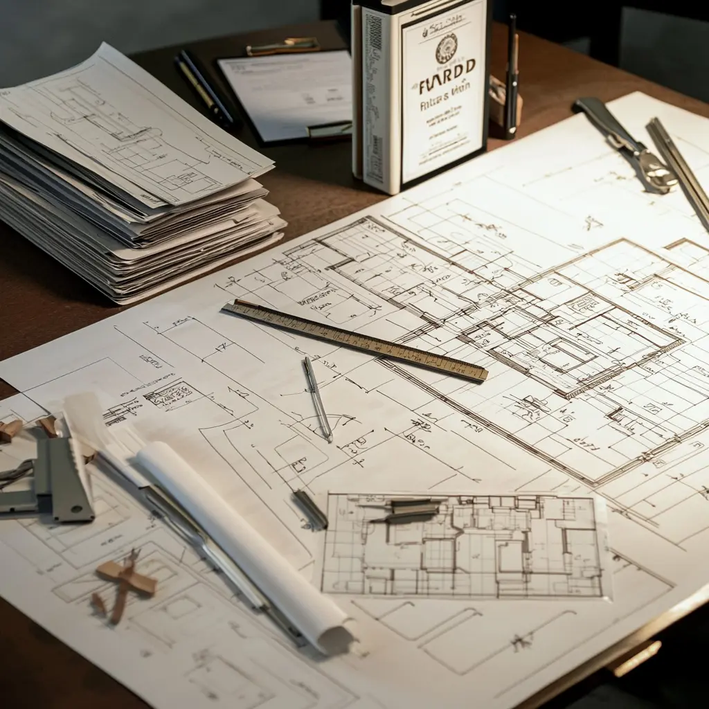 Architect's desk with blueprint, financial plan, and drafting tools.