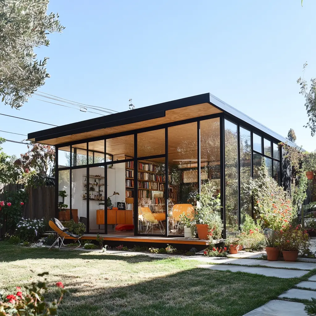 A rendering of a modern ADU inspired by the Eames House, situated in a California backyard.