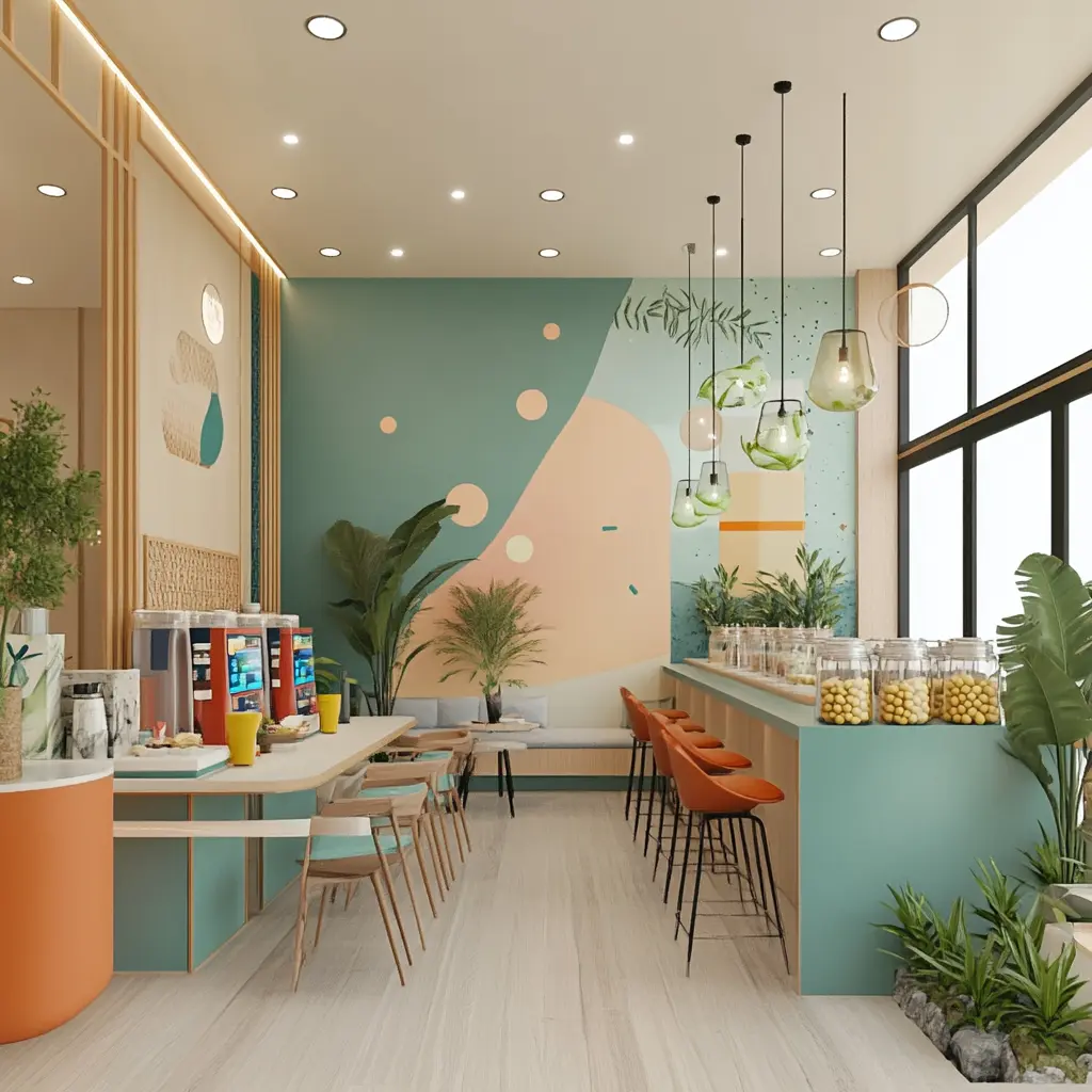 Eye-Catching Boba Tea Shop Mural | Vibrant and Fun A modern and inviting boba tea shop interior featuring a sleek bar, cozy seating, and a large colorful mural.