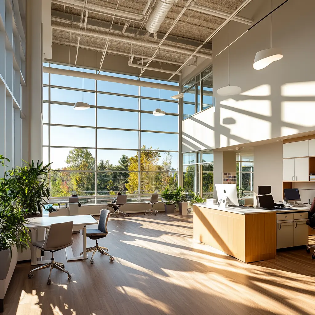 Bright and Open Office Space Designed for Productivity Modern office with ergonomic furniture and natural light