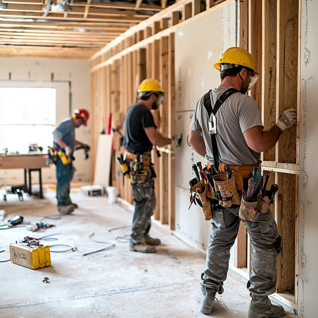 Home Renovation in Progress: A Glimpse Inside Construction workers renovating a living room, using power tools and installing new cabinets.