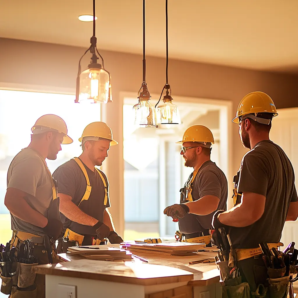 Skilled Contractors Working Together on a Home Renovation A team of contractors working on a home renovation, including a carpenter, plumber, and electrician.
