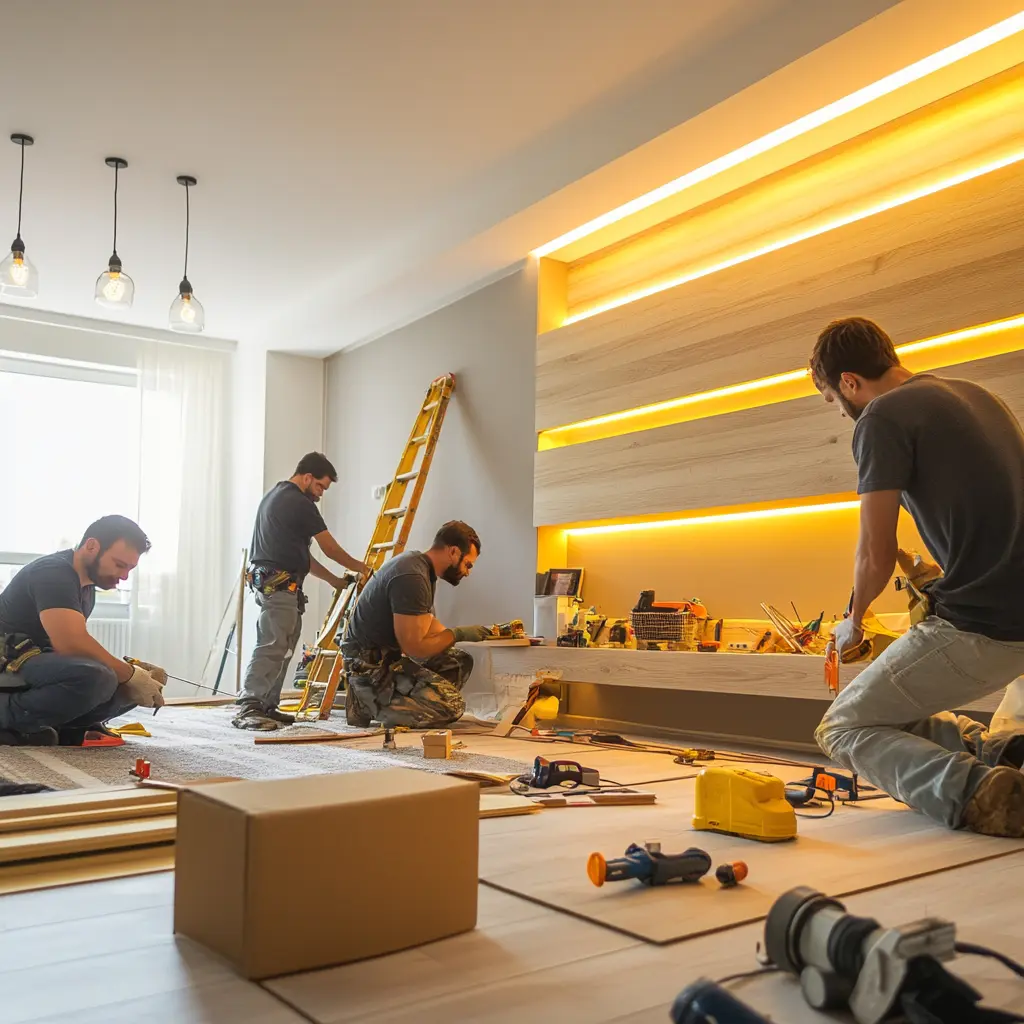 Experienced Home Renovation Team Hard at Work Home renovation team working on a living room project