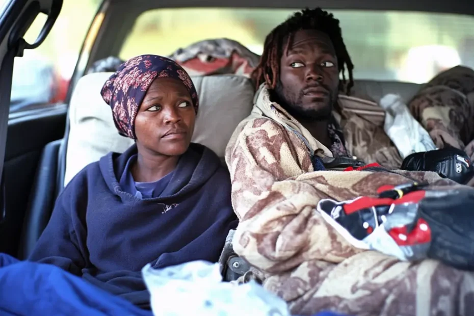 A couple living in a car, surrounded by personal belongings.