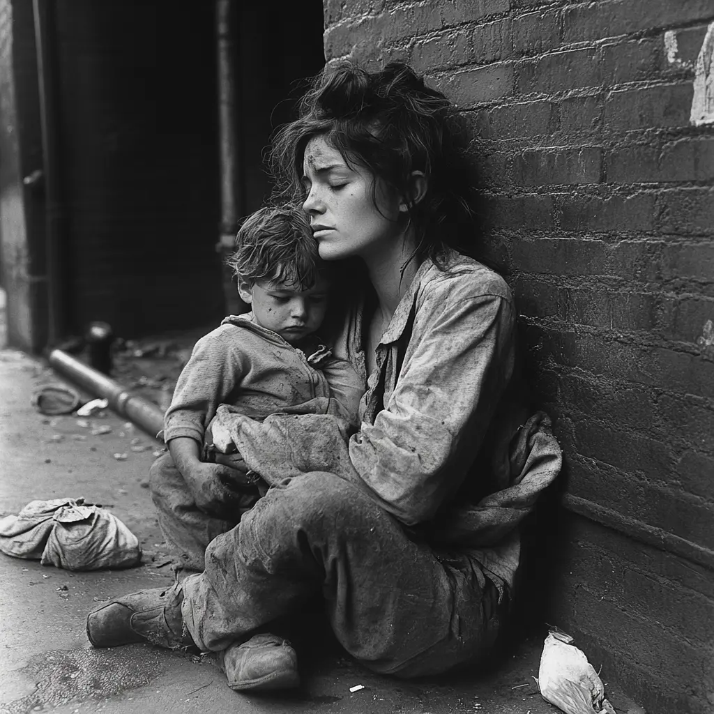 A black and white photograph of a homeless mother embracing her child on the streets of New York City.