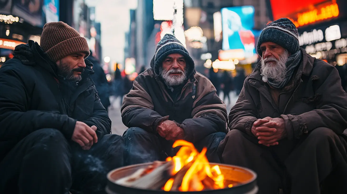 Three homeless individuals seeking warmth by a fire in Times Square, New York City.