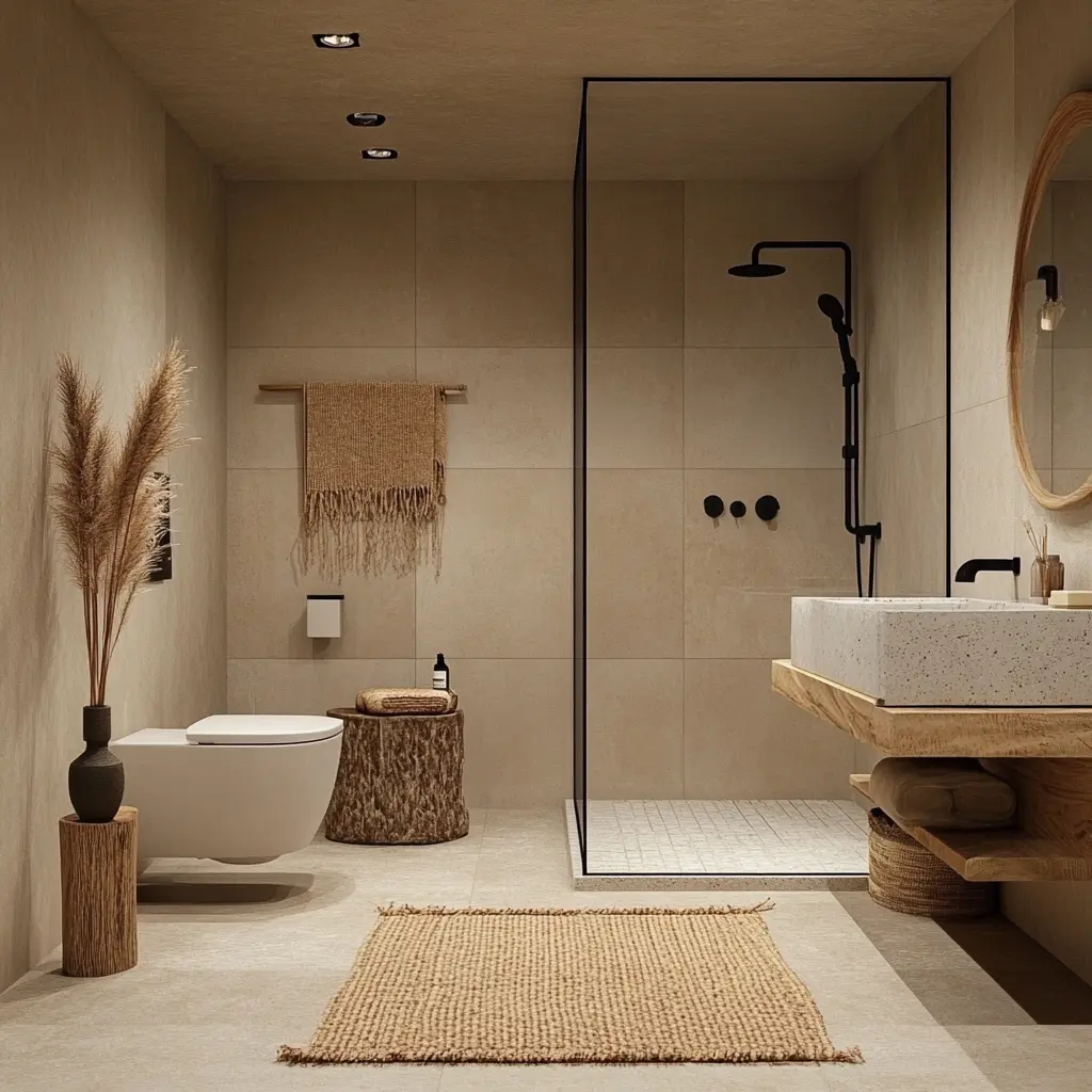 Hyperrealistic Boho Bathroom Design A hyperrealistic rendering of a boho-style bathroom.