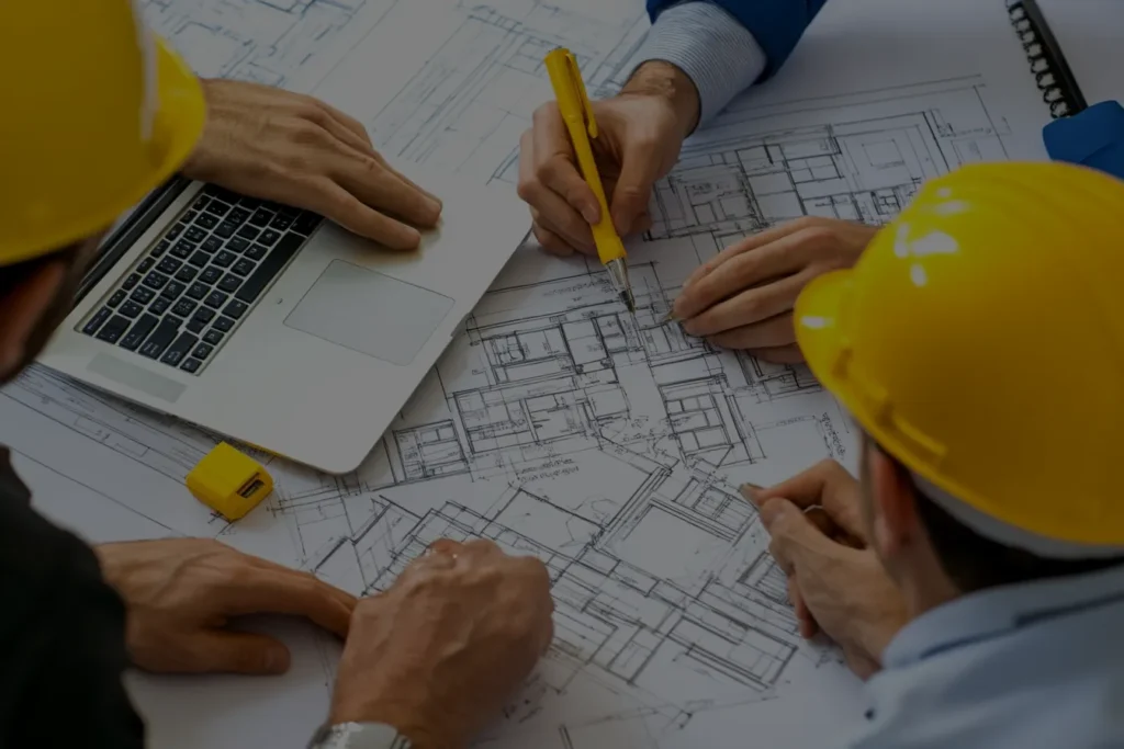 A team of Indian builders and interior designers, wearing yellow hard hats, collaborate around a table with laptops, discussing home design ideas.