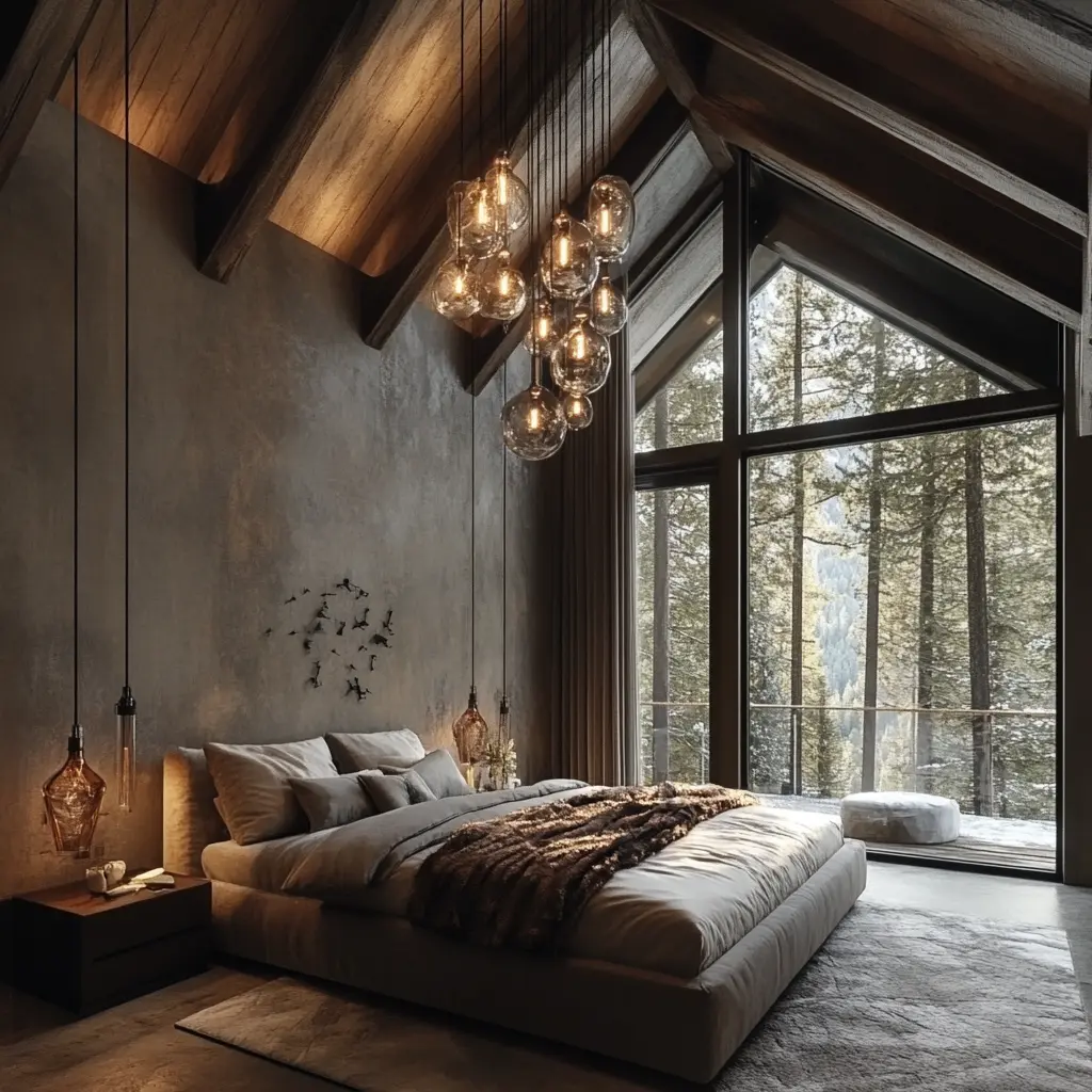A high-ceiling bedroom featuring a unique and extravagant light fixture over a cozy bed.