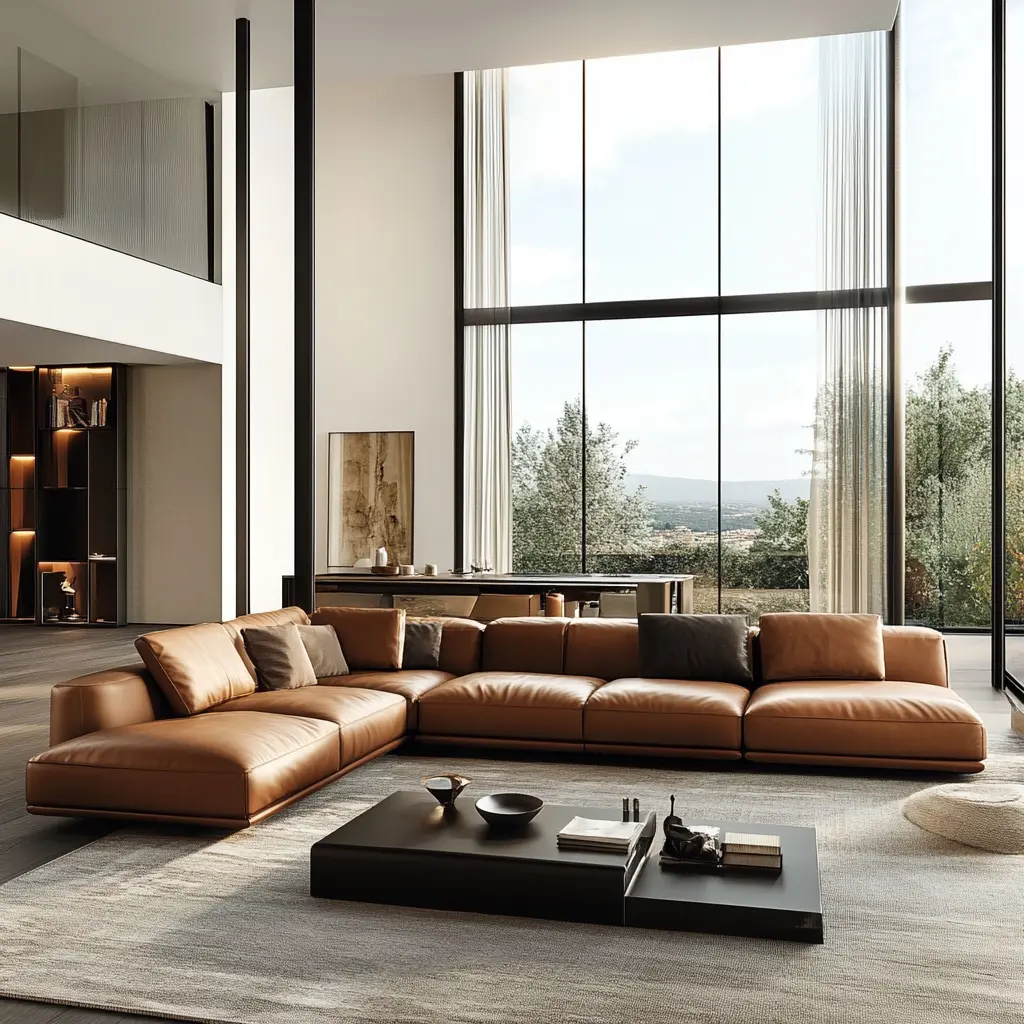Luxurious Italian Leather Sofa in a Modern Living Room A leather sofa in a modern living room with floor-to-ceiling windows.