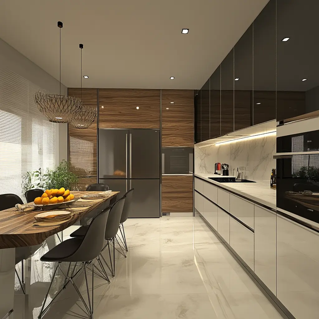 Kitchen Remodel Ideas: Transform Your Space Today A modern kitchen with white cabinets, a marble countertop, and stainless steel appliances.