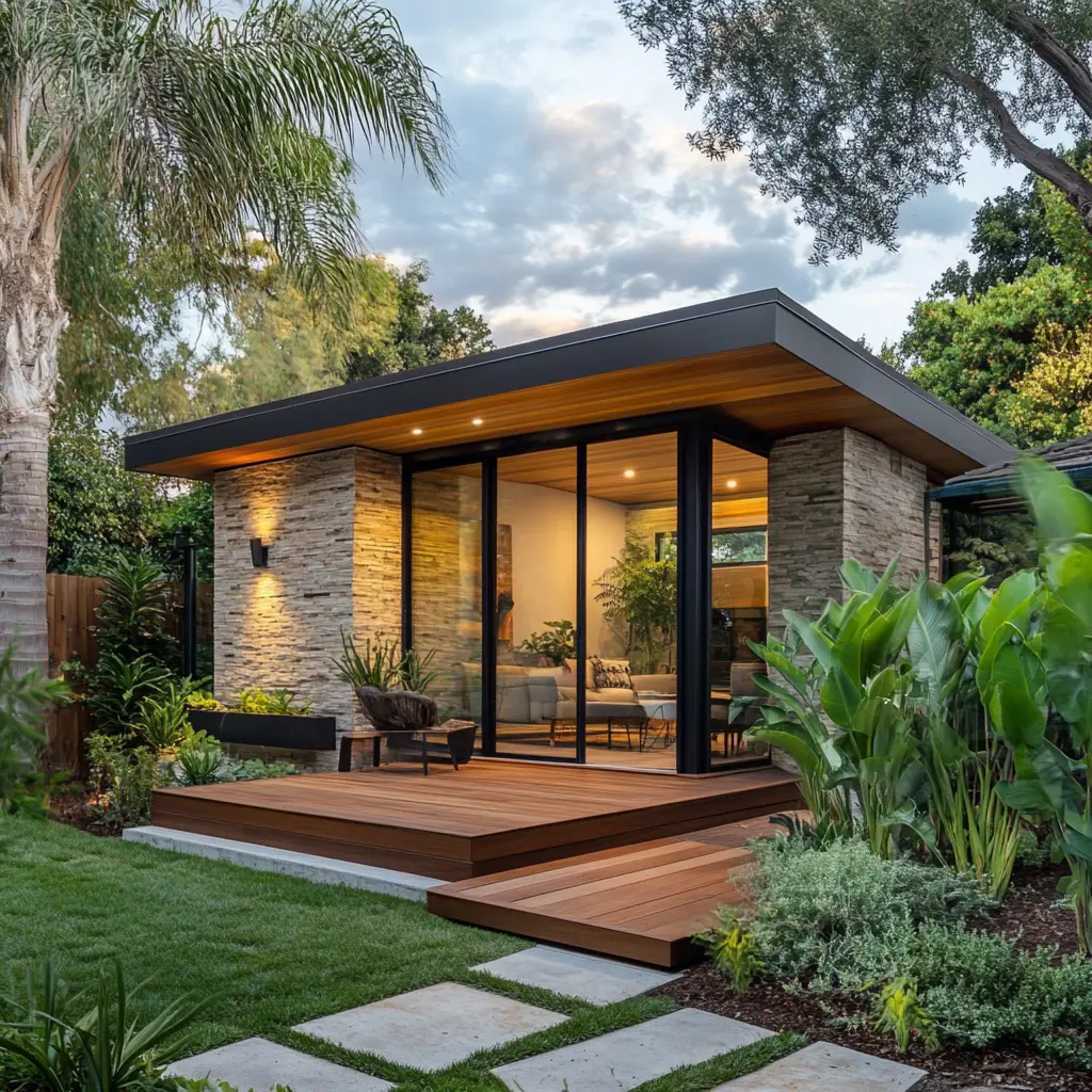 Stylish ADU in Laguna Hills: Modern Living in a Natural Setting Contemporary ADU with a wooden deck and lush landscaping in Laguna Hills.