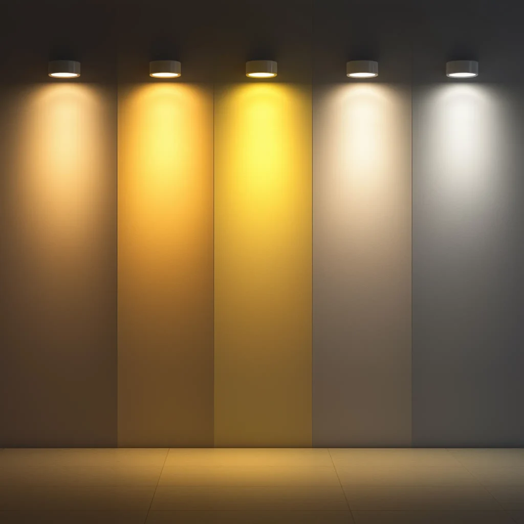 Five recessed lights on a wall demonstrating the color temperature spectrum from warm white (2700K) to cool white (6500K).