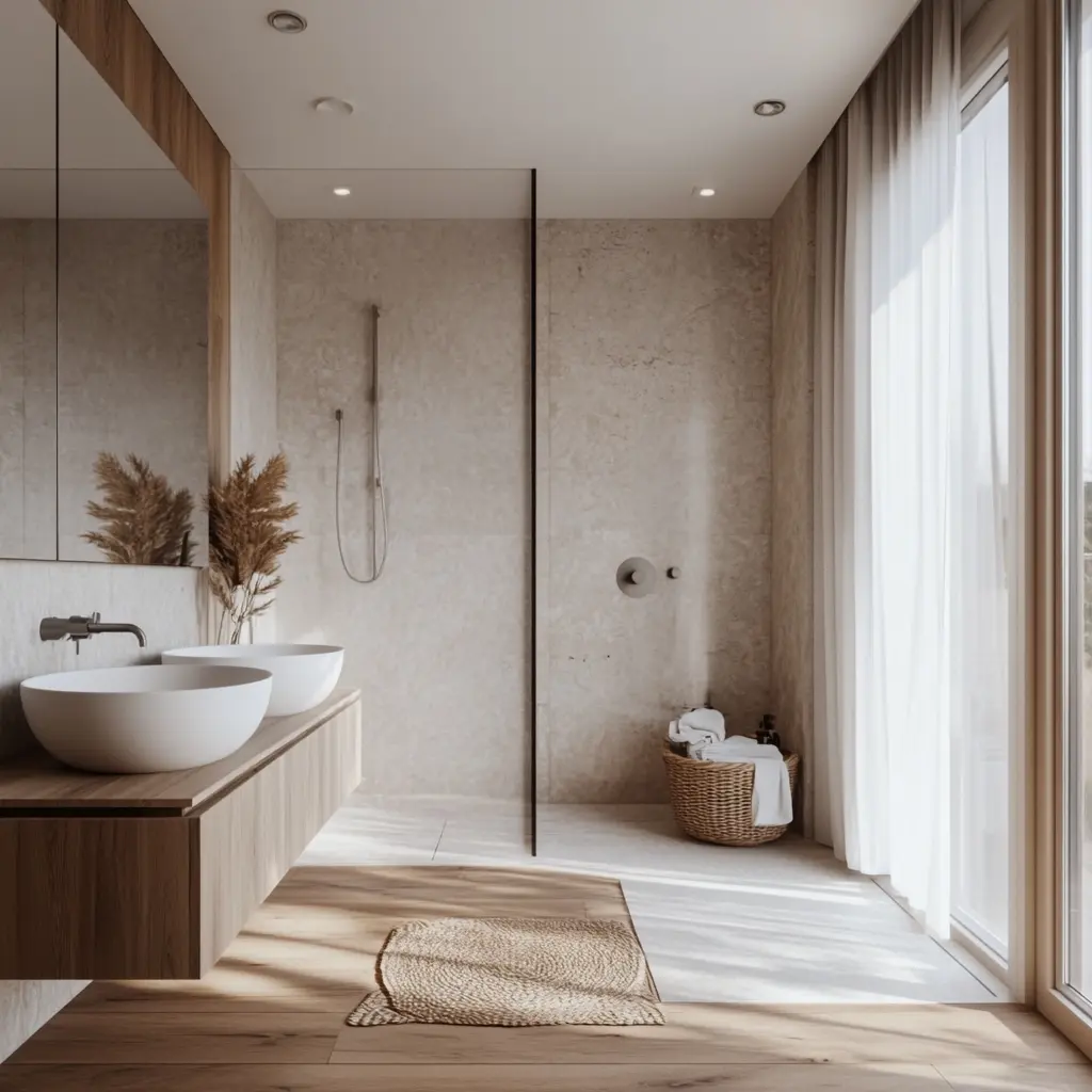 Light Grey Bathroom Design Inspiration Board A mood board showcasing a light grey bathroom design with white floors, white walls, and subtle wood accents in Altadena