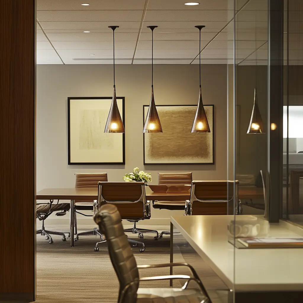 A living room bathed in warm, ambient light from pendant lights and table lamps, creating a relaxed atmosphere.