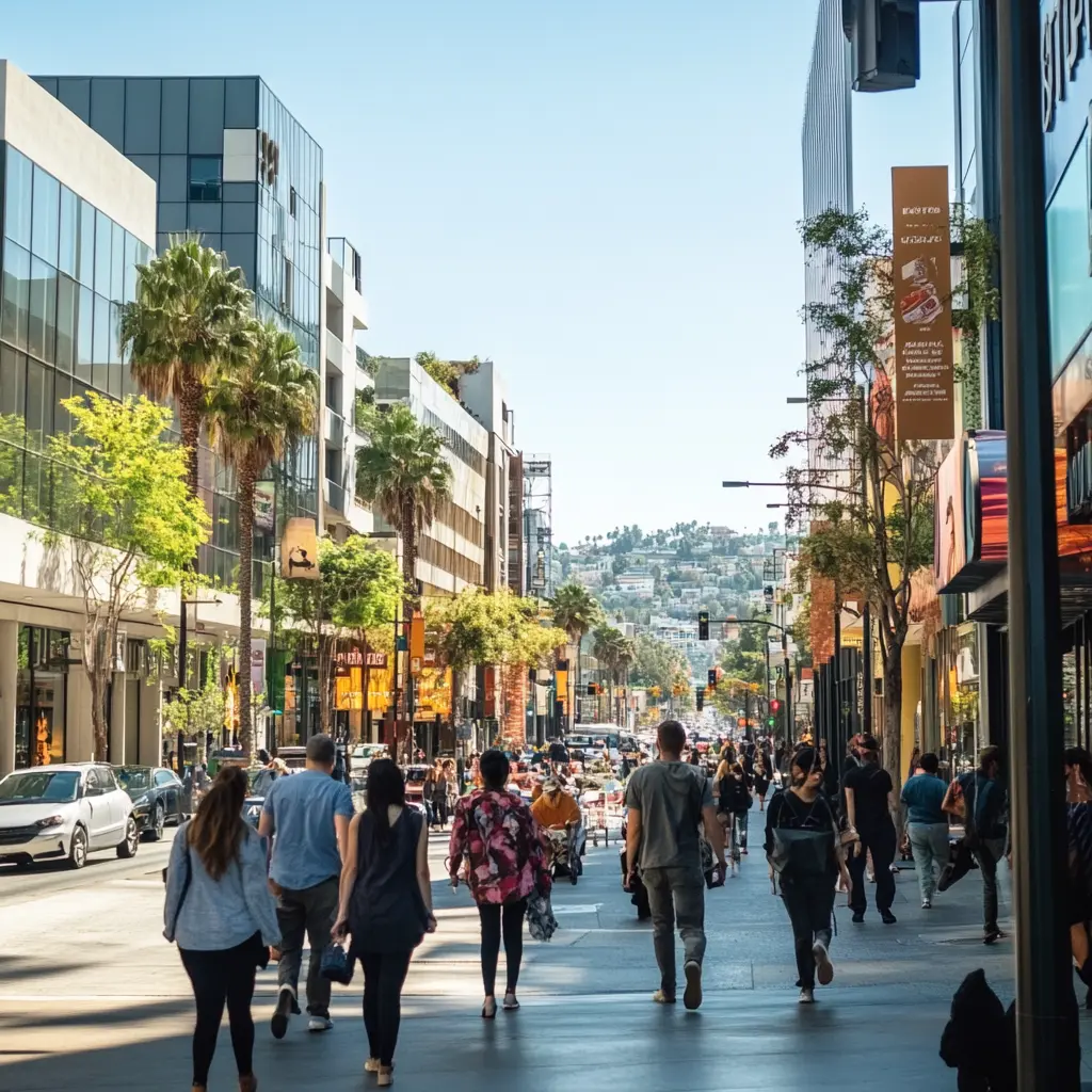 Experience the Thrill of LA: A Vibrant Commercial Street Busy Los Angeles street with diverse architecture and vibrant storefronts
