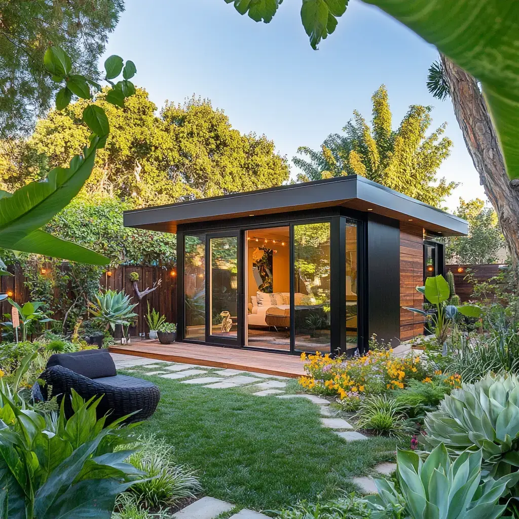 A cozy ADU surrounded by a beautifully landscaped garden, providing a serene and private retreat.