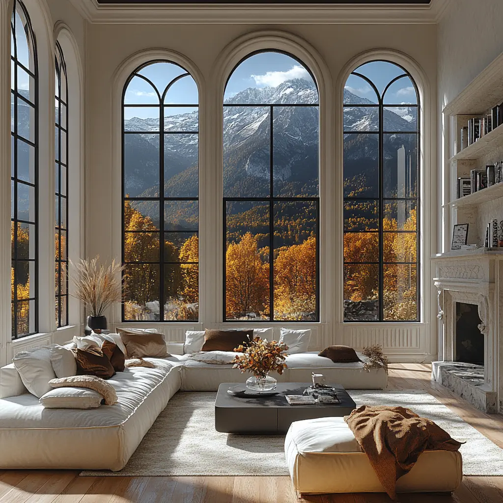 Spacious and Bright Living Room: Modern and Cozy Design Modern room addition featuring large windows, contemporary furnishings, and minimalist design.