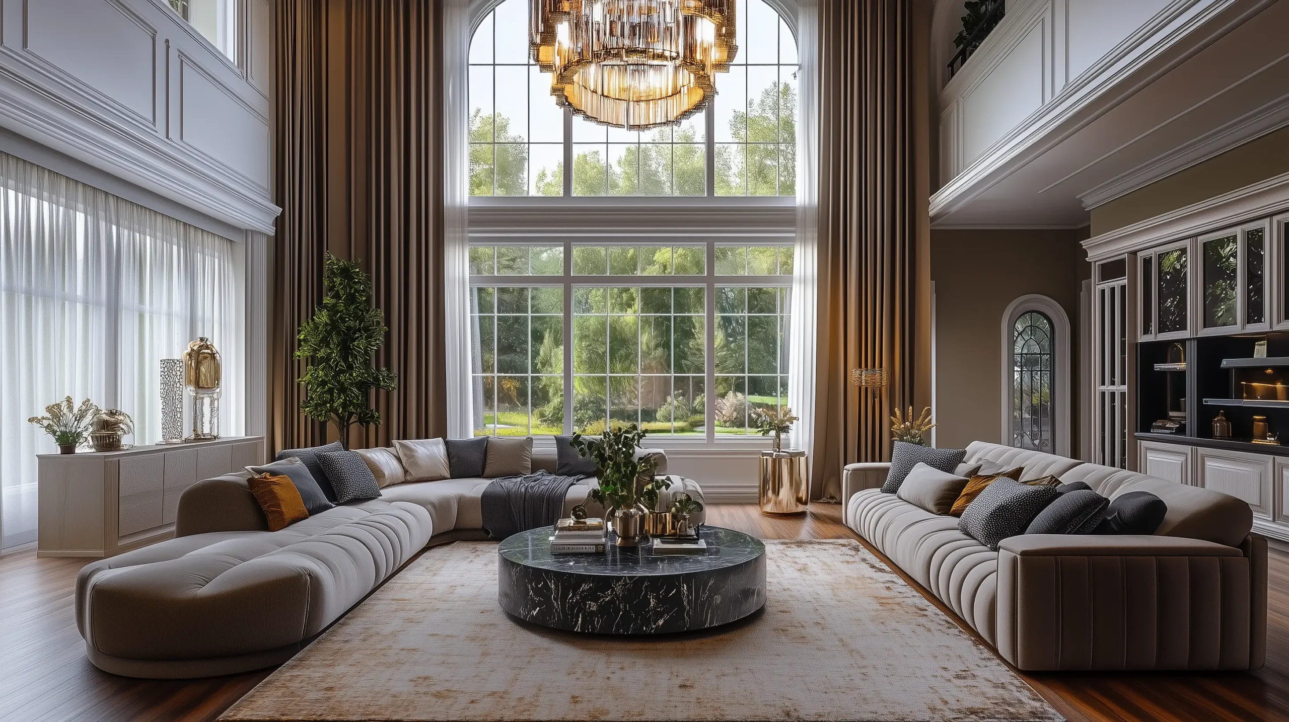 Luxurious Living Room with Modern Design and Natural Elements Spacious living room with modern furniture, large windows, and a fireplace.