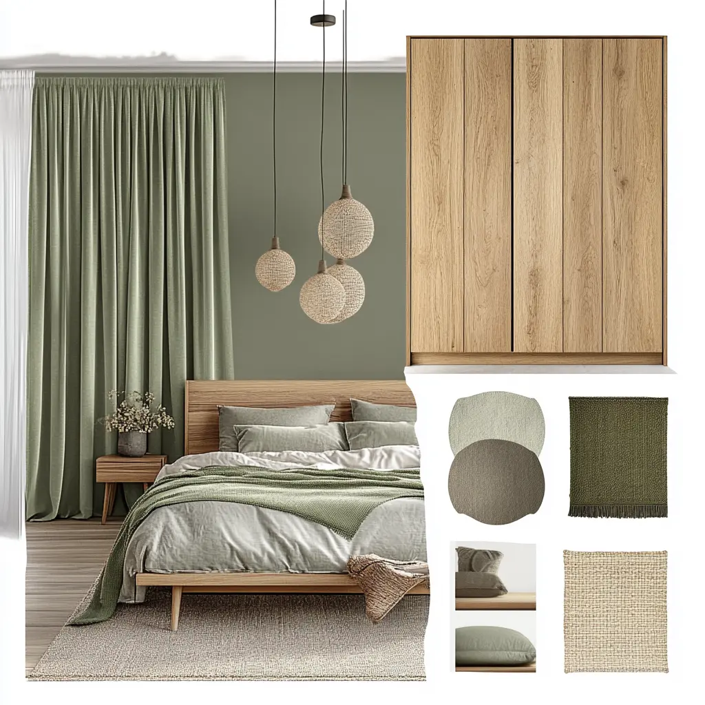 Mood board for a luxurious bedroom featuring a Poliform bed, pastel blues, grey tones, and a blown glass chandelier.
