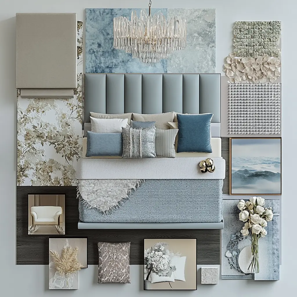 Mood board for a luxurious bedroom featuring a Poliform bed, pastel blues, grey tones, and a blown glass chandelier.