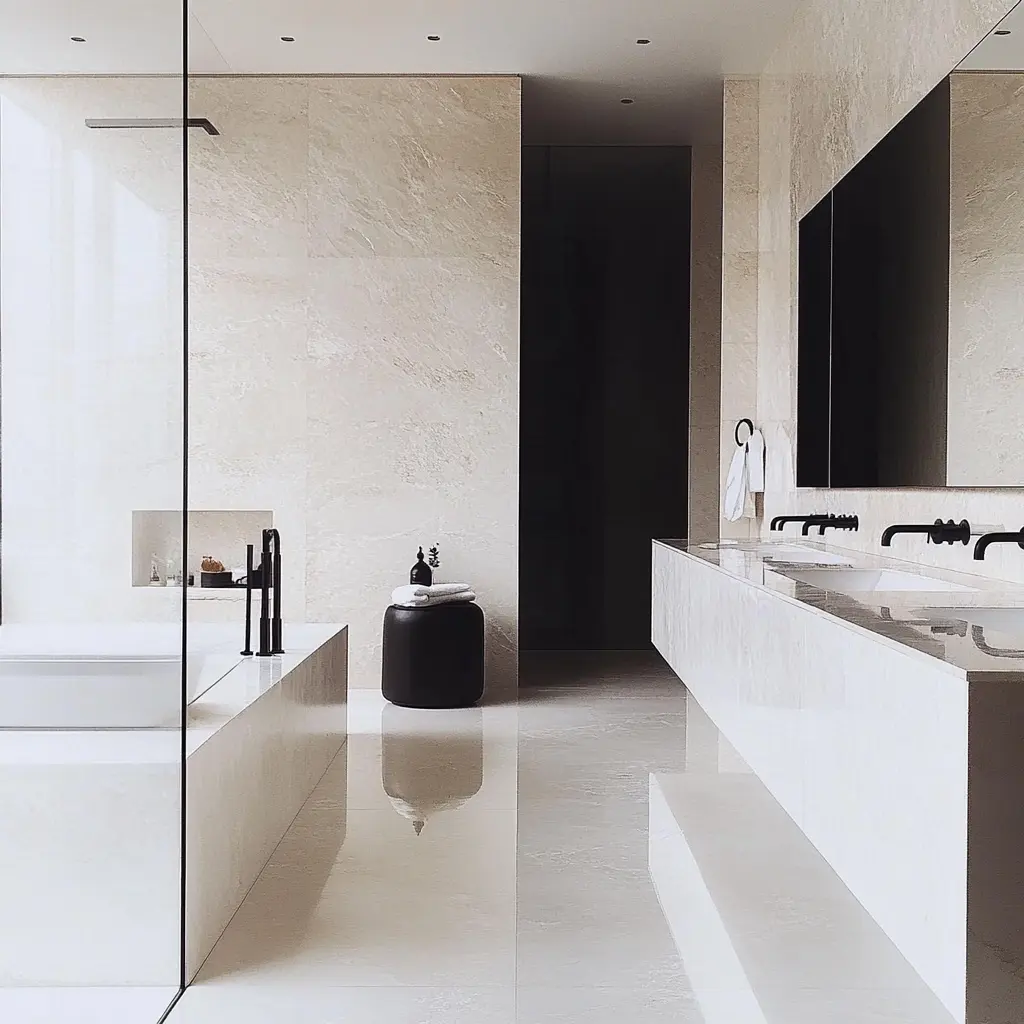 Luxurious Minimalist Bathroom Design A spacious, minimalist bathroom with white marble tiles and black fixtures in Cypress