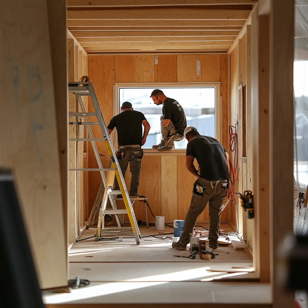 Man Building Modern Modular Home: DIY Construction A man constructing a modular home, using tools to assemble prefabricated panels.