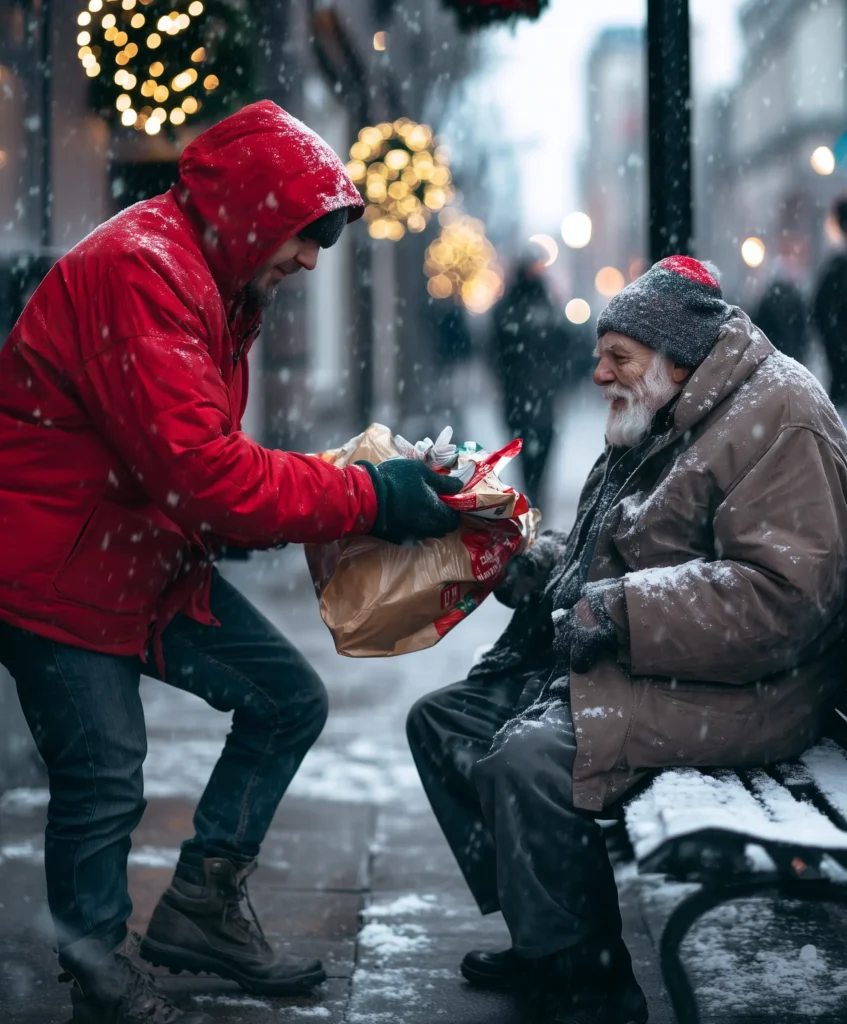 Homelessness Man in red hoodie handing a bag of food to a homeless person on a snowy Christmas day.