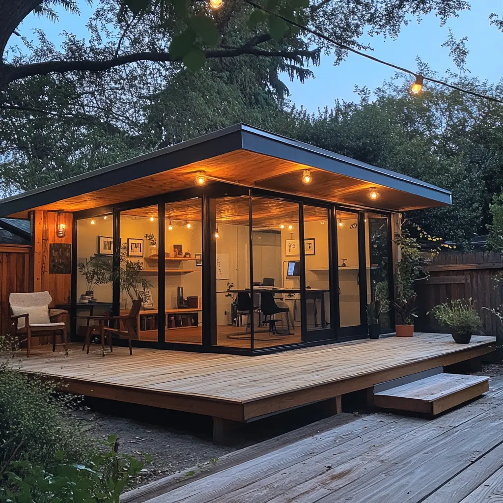 A cozy, mid-century modern backyard office with large windows, a wooden desk, and warm accent lighting.