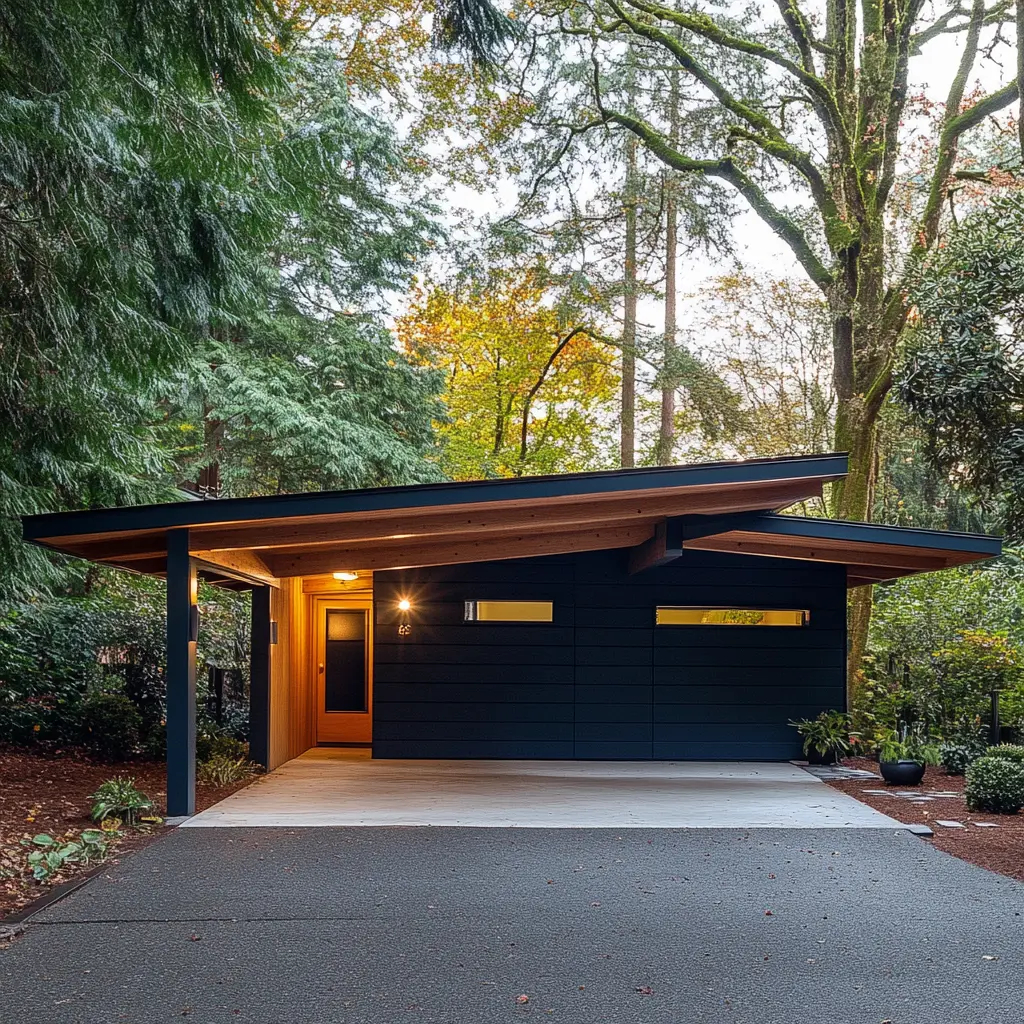 Mid-Century Modern Carport with Built-in Storage A modern carport with a clean, minimalist design, featuring a storage area on the right side.