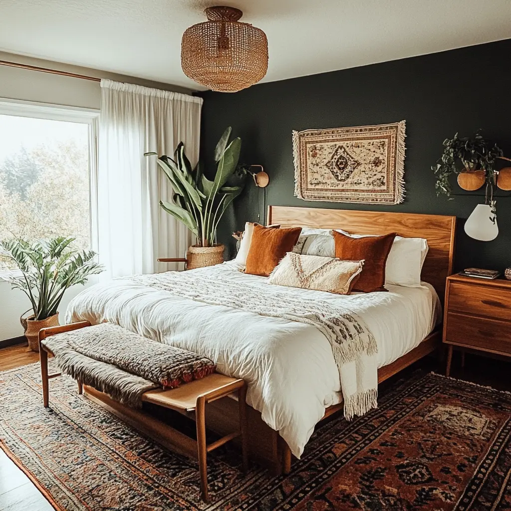 remodel A bedroom interior showcasing a fusion of mid-century modern and bohemian aesthetics, with a mix of textures, patterns, and natural elements.