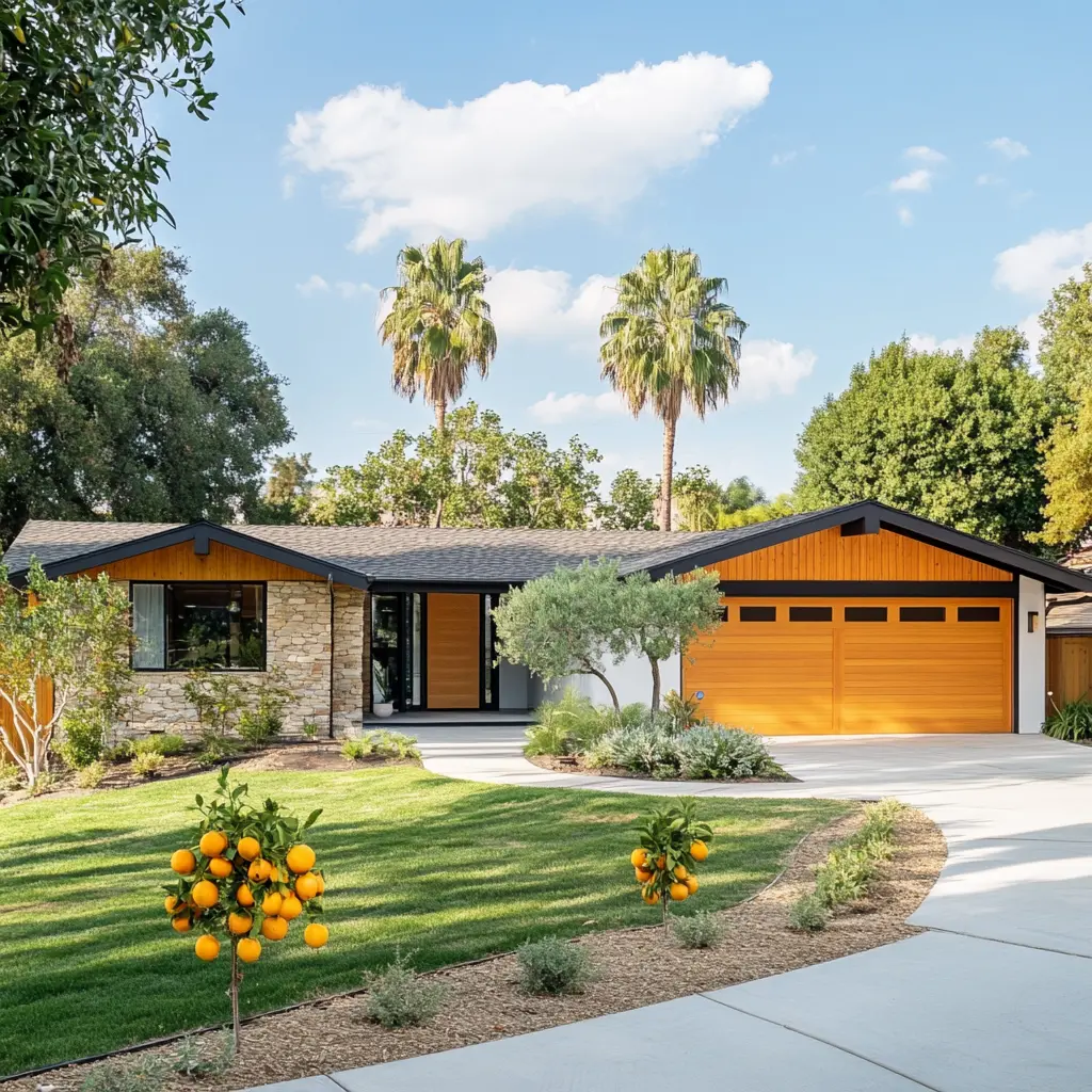 Charming Mid-Century Ranch Home with Citrus Grove Mid-century ranch house with a stucco and cedar exterior, featuring two gabled roofs and citrus trees in La Verne.