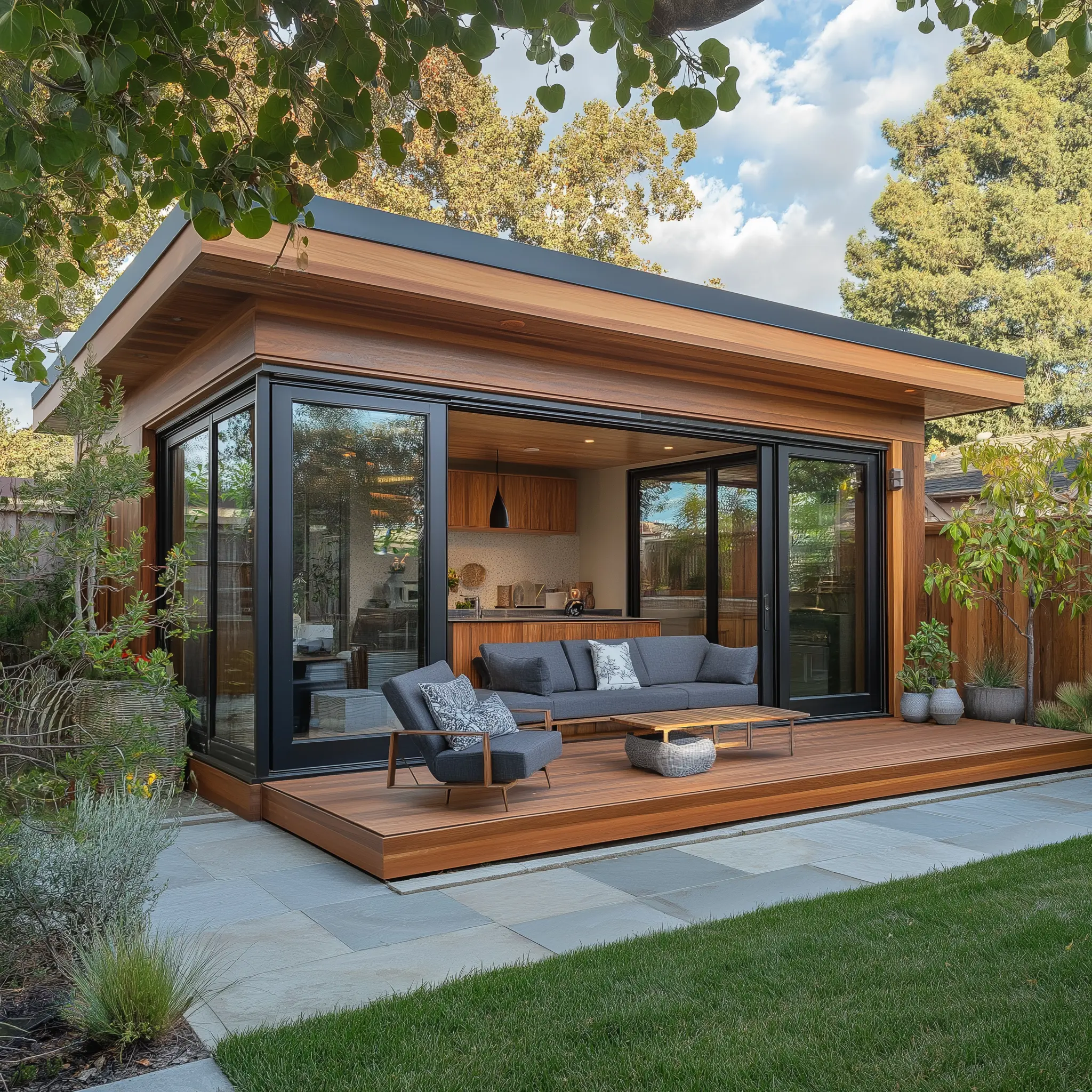 Modern Minimalist Backyard Suite Interior A minimalist backyard suite with a white interior and modern furnishings.