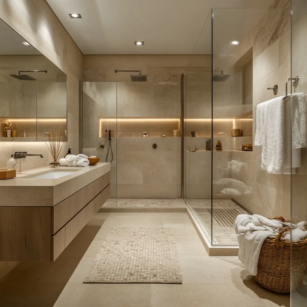 Serene Minimalist Bathroom Design with Natural Stone Accents Modern minimalist bathroom with floating vanity and natural stone accents in Buena Park