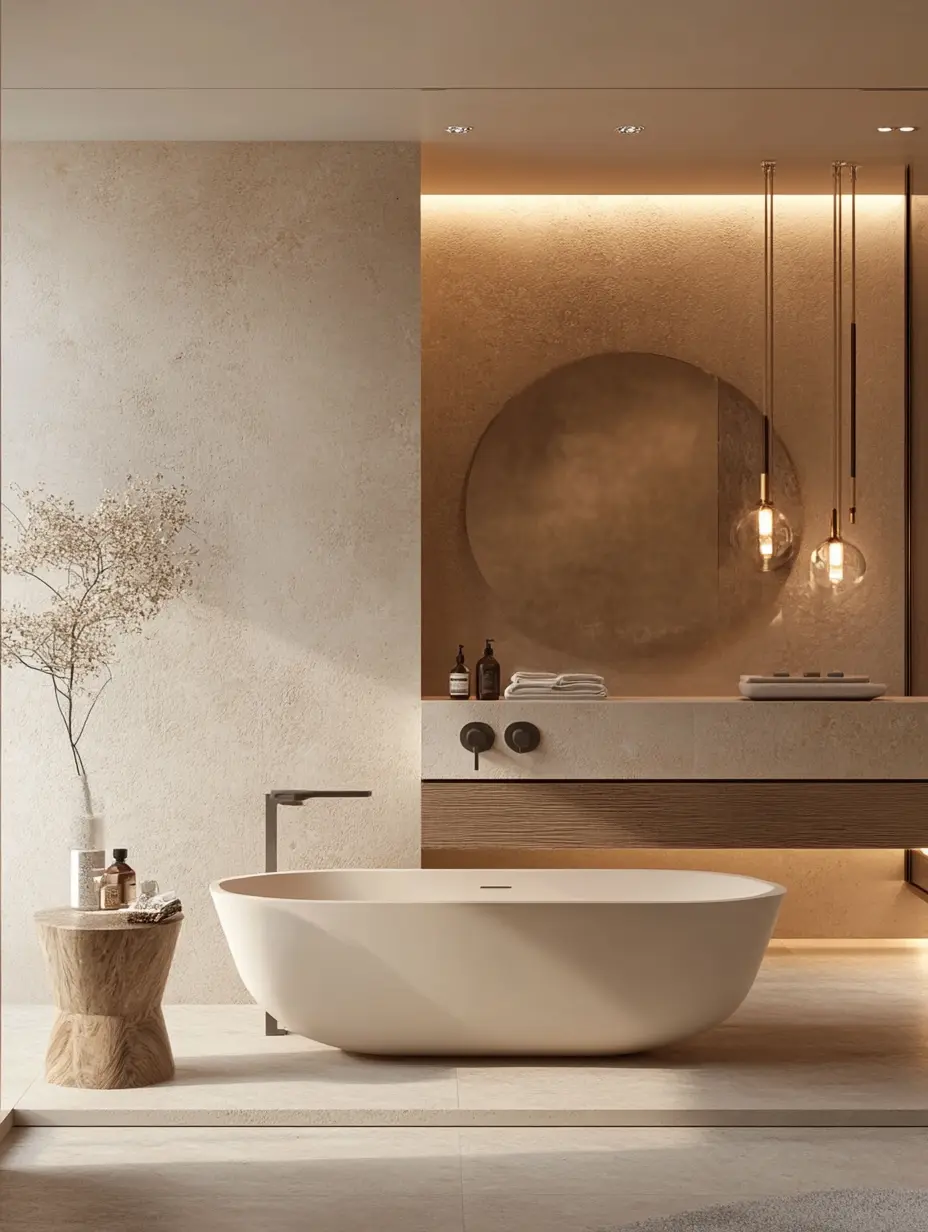 Minimalist Cream Bathroom: Light and Airy Design A modern minimalist bathroom with cream-colored walls and fixtures.