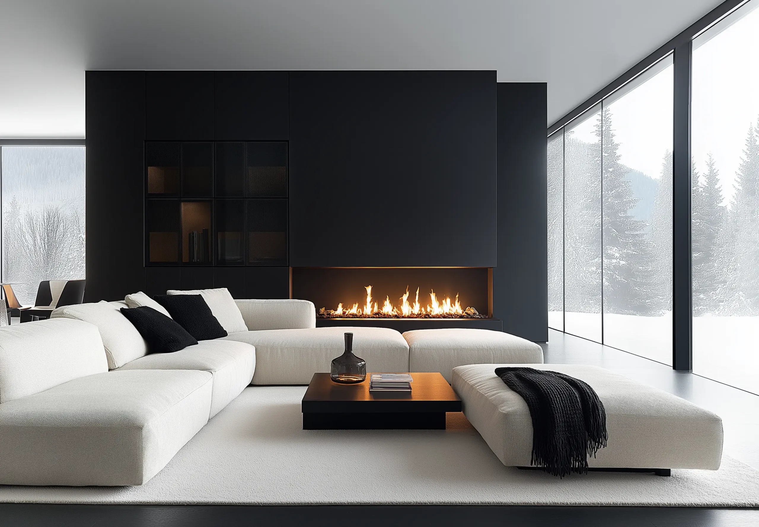 SMinimalist Living Room Inspired by Christian Liaigre A modern minimalist living room with a Roche Bobois sofa, a sleek coffee table, and a large area rug.