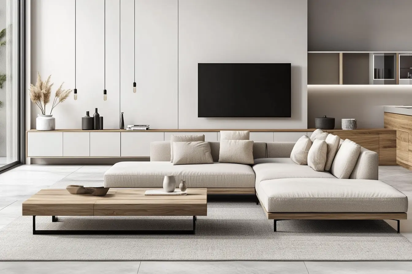 Modern Minimalist Living Room with Neutral Tones Minimalist living room with a white sofa and wooden coffee table.