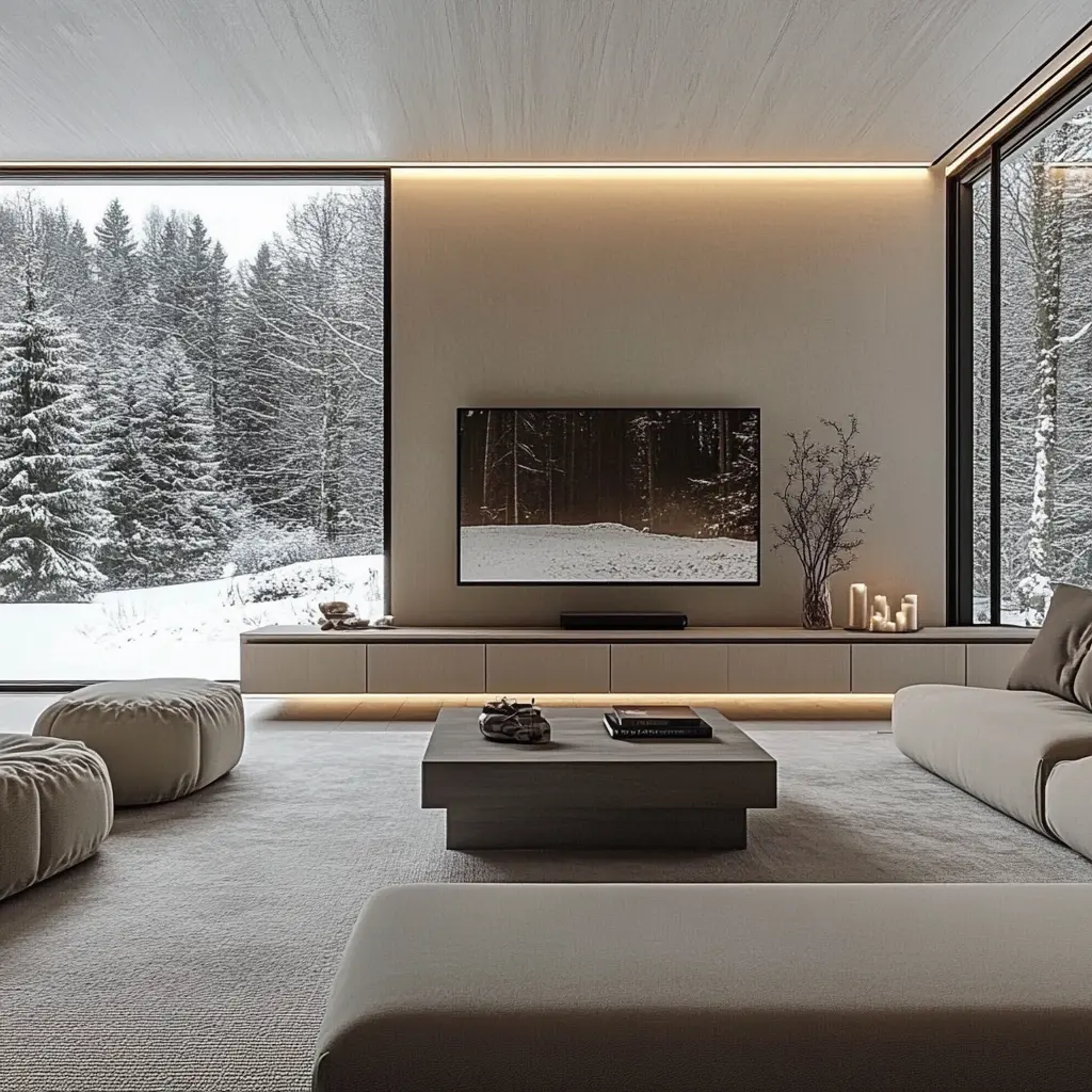 A minimalist living room with a light beige wall, large floor-to-ceiling windows, a grey rug, and a cozy seating area.