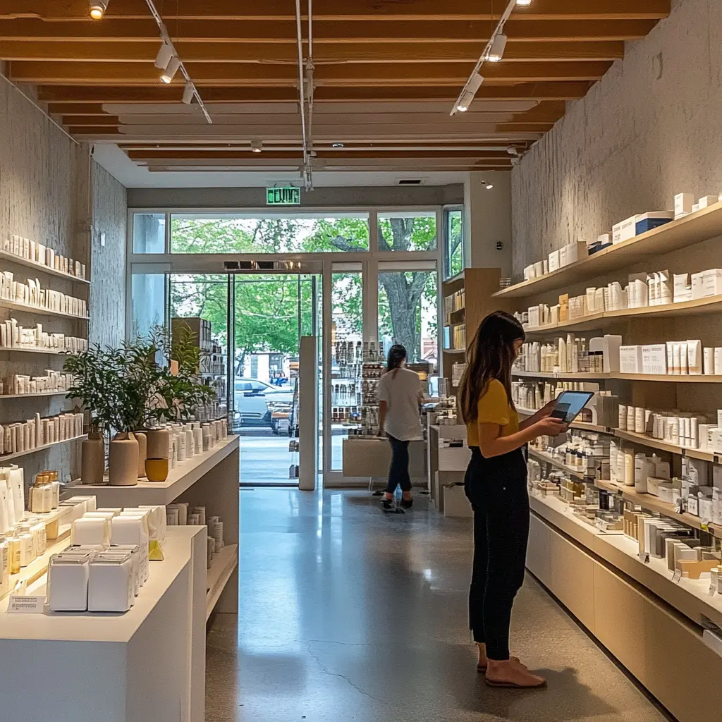 Minimalist Retail Design: A Modern Shopping Experience A customer browsing products in a modern retail store with minimalist displays and warm lighting.