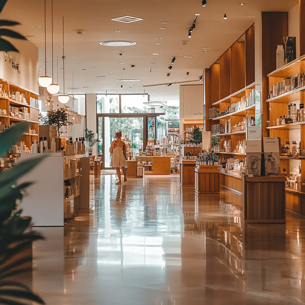 Minimalist Retail Store Interior: A Modern Shopping Experience Customer browsing products in a minimalist retail store.