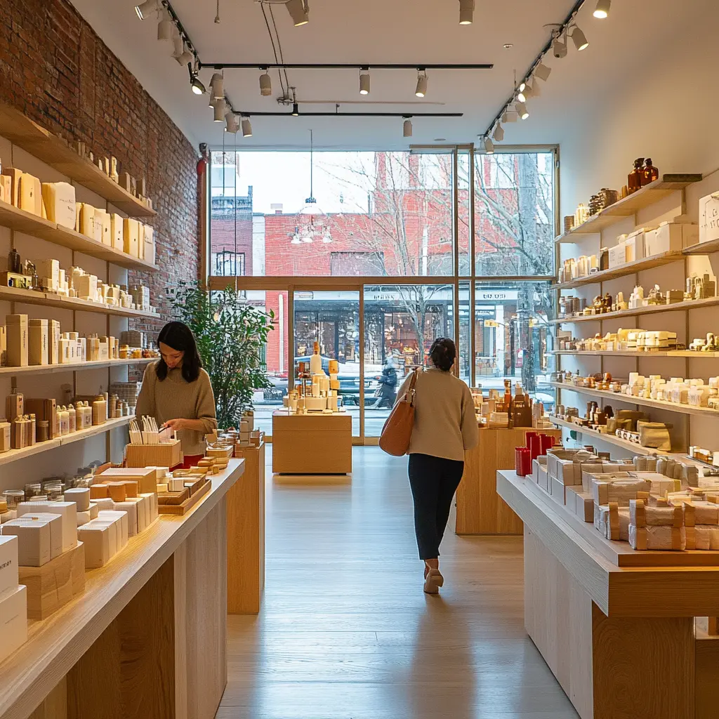 Minimalist Retail Design: A Modern and Inviting Shopping Experience A customer browsing products in a modern retail store with minimalist displays.