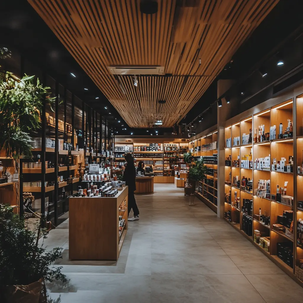 Minimalist retail store interior design: Sleek and inviting A customer browsing products in a modern minimalist retail store.