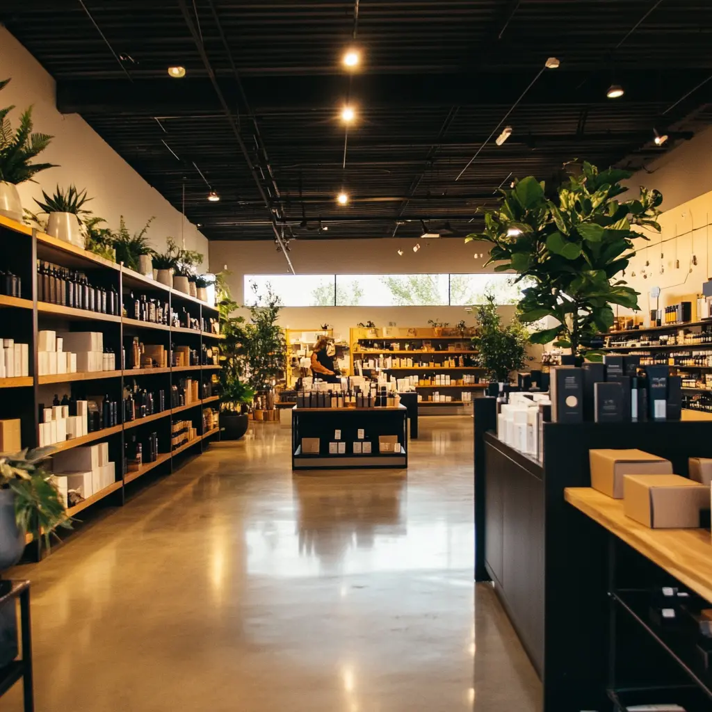 Minimalist Retail Store Interior Design: Sleek and Inviting A customer browsing products in a modern minimalist retail store.
