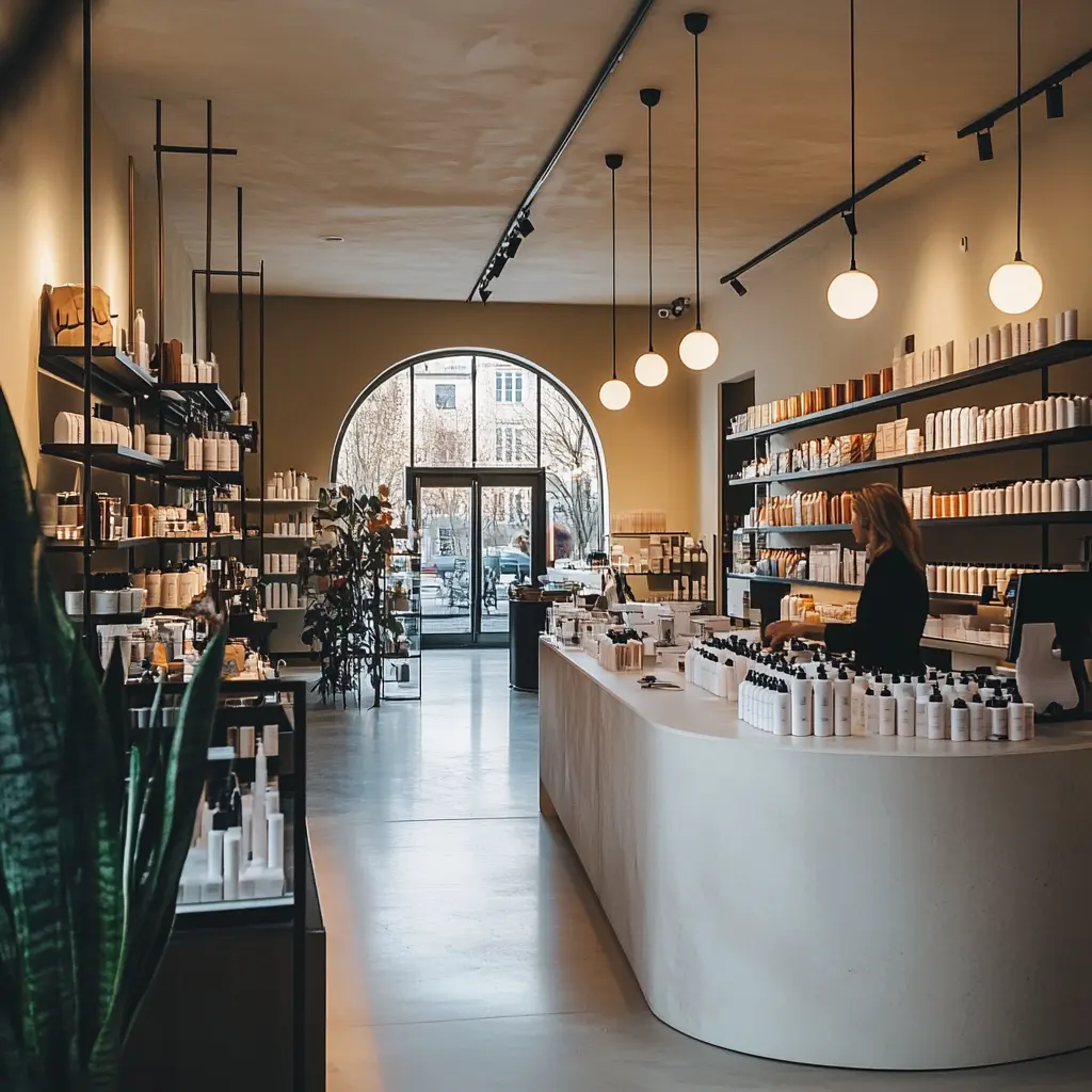 Minimalist Retail Design: A Warm and Inviting Shopping Experience Modern retail store interior with minimalist product displays, warm lighting, inviting entrance, well-organized shelves, and a customer browsing products.